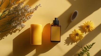 Yellow aesthetic skincare products, flowers, candle, sunlight. Perfect for beauty blogs