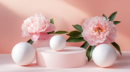 Pink peonies on pastel pink platform, sunlight, product display, spring
