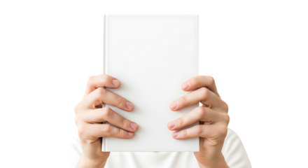 Blank white book cover in hands mockup template for design and branding