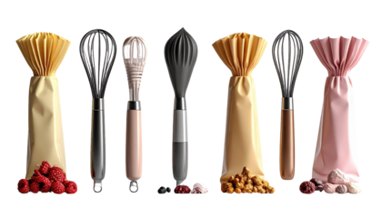 A collection of colorful whisks in wrapped packaging