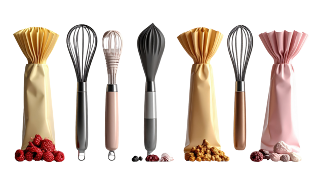 A collection of colorful whisks in wrapped packaging