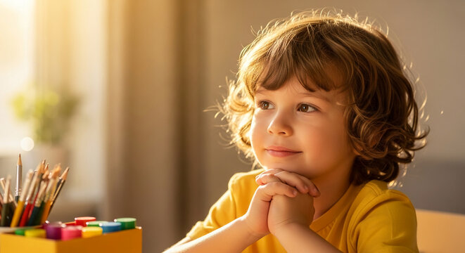 Young child with curly hair, wearing yellow shirt, sits at table with art supplies, looking thoughtfully away, sunlit scene conveying innocence and creativity