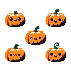Cute Halloween Pumpkins with Faces – Kawaii Jack O’Lantern Vector Icon Set