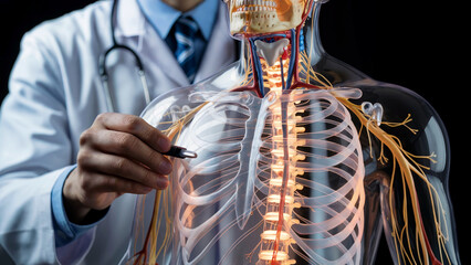 Doctor Examining Human Anatomy Model Featuring Rib Cage, Spinal Cord, and Nervous System Details