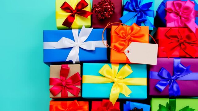 Colorful gift boxes, stacked high, various colors, ribbons, and bows