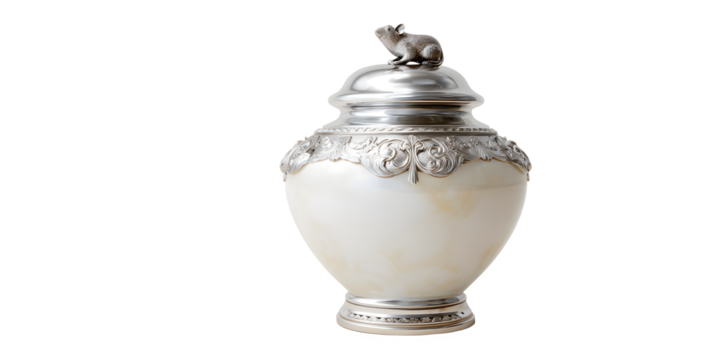 Elegant antique urn with ornate silver trim and a charming mouse finial, perfect for luxury decor