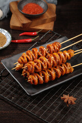 Handmade Roasted Gluten Skewers Shaanxi Style Chinese Street Food on Black Plate with Spicy Sauce