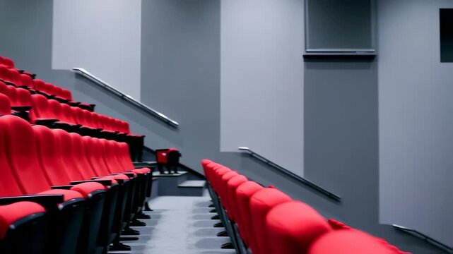 Empty theater seats in rows, angled view
