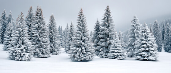 Naklejka premium Snow covered evergreen trees stand in peaceful winter forest, creating tranquil landscape with frosty branches and soft blanket of white snow under cloudy sky
