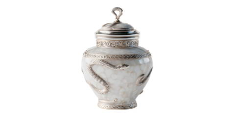 Elegant ornate ceramic urn vessel adorned with detailed silver snake motifs, perfect for luxury decor
