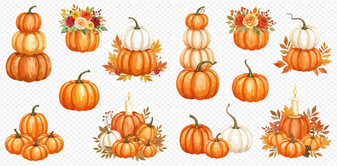 Watercolor illustrations of various autumn pumpkin arrangements, including stacks, floral decorations, and individual pumpkins, perfect for fall and Thanksgiving designs.