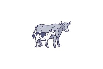 Fototapeta premium A mother cow and her calf standing together in a simple illustration