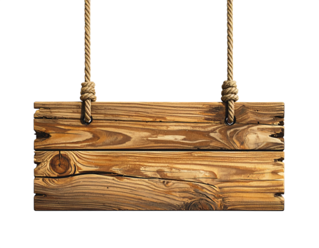 Blank rustic wooden signboard hanging with rope, sign for text. Isolated on transparent background, png