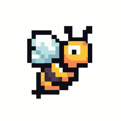 A charming pixel art bee icon flying in a retro 8-bit video game style. Cute insect character sprite isolated on a white background