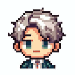 Pixel art character bust of a young man with silver spiky hair wearing a suit. Retro 8-bit style avatar for a video game or profile icon