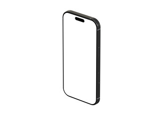 High-quality isometric mockup of a modern black smartphone with a blank screen, perfect for app presentations or technology designs. Isolated on white background.