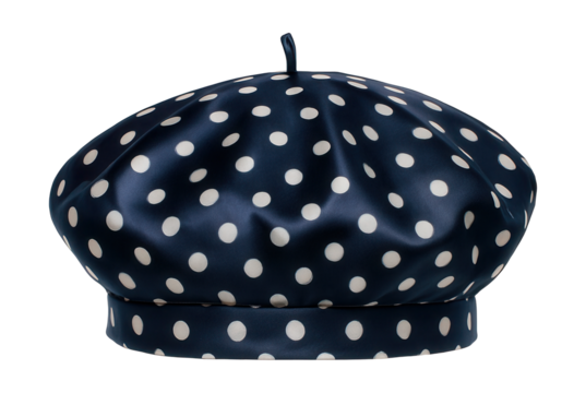 Navy and white polka dot silk beret with a subtle sheen.
