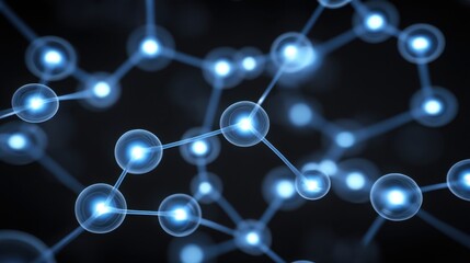 Abstract molecular structure with glowing blue particles connected by lines against a dark background for scientific and technology themes