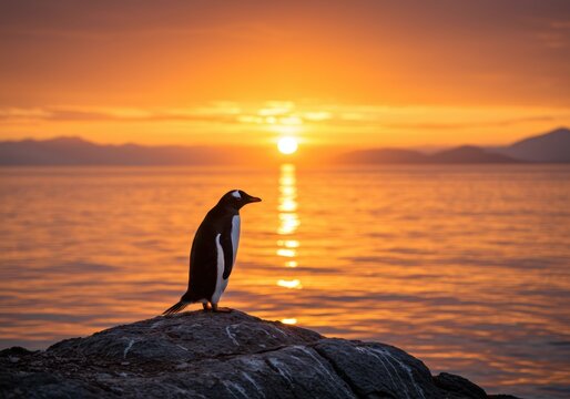 Penguin on a Rock at Sunset
