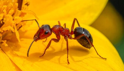 Naklejka premium Ant on a Yellow Flower Closeup.