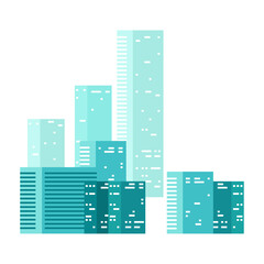 Group of modern skyscrapers in shades of teal and light blue with square windows representing a city skyline with a clear sky backdrop