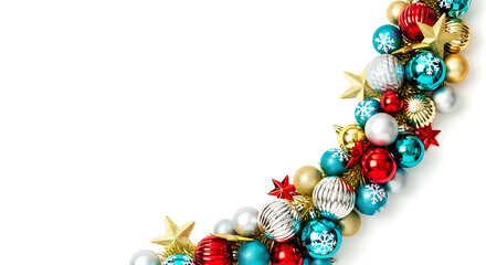 Christmas ornaments and stars border on white background
