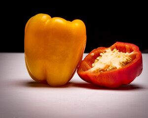 Studio close-up still-life photograph featuring a whole yellow bell pepper placed next to a halved red bell pepper with visible seeds, arranged on a clean white surface