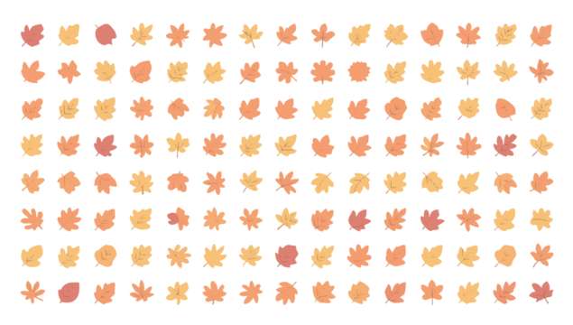 A plethora of Autumn leaves are depicted in a series of little icons, each with a flat design style, featuring warm colors such as orange, yellow, and red with png Transparent 