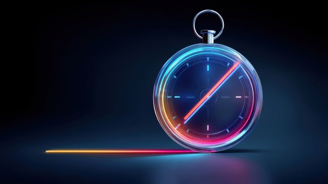 Futuristic Transparent Stopwatch with Colorful Indicators and Light Trails on Dark Background for Time Management and Technology Themes