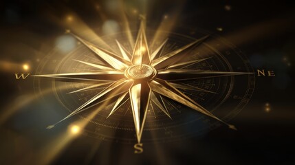 Obraz premium Golden Compass with Radiant Light Beams and Vintage Design, Symbolizing Navigation and Discovery Against a Dark Background