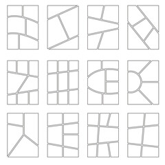 Manga book frame and comic template panels on white background. Page with grid for magazine photo and images. Mosaic storyboard. Vector empty vertical board.