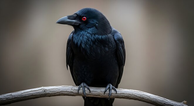 Majestic Raven with Fiery Red Eyes Perched on Branch Portrait View.