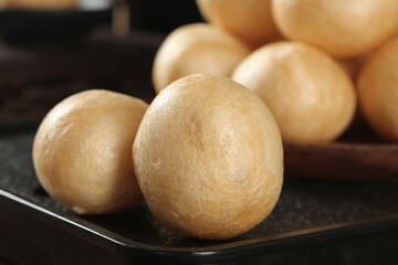 Hot Fried Tofu Puffs Cooking in Oil Pot - Vegetarian Gluten-Free Asian Cuisine Ingredients