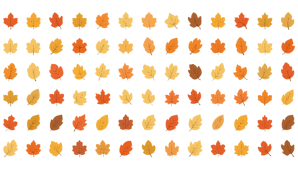 A plethora of Autumn leaves are depicted in a series of little icons, each with a flat design style, featuring warm colors such as orange, yellow, and red with png Transparent