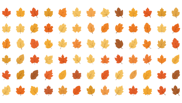 A plethora of Autumn leaves are depicted in a series of little icons, each with a flat design style, featuring warm colors such as orange, yellow, and red with png Transparent  - Powered by Adobe