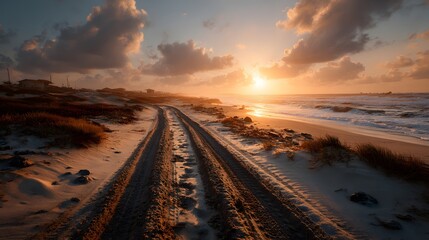 Fototapeta premium Deep tire tracks from a 4x4 vehicle recede into the distance on a wide, empty beach at sunrise, casting long shadows under a soft cloudy sky.