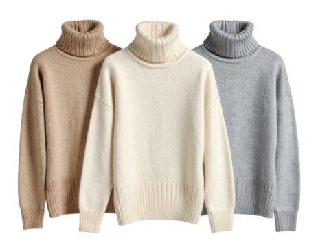 Three turtleneck sweaters in beige, cream, and gray