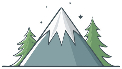 Illustration of a Snowy Mountain Peak with Pine Trees and Stars, Nature Scene