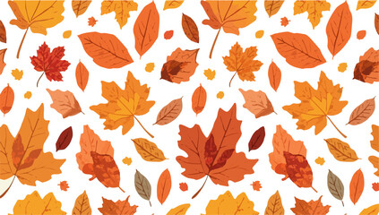 Vector design of A vibrant fall leaf pattern in a flat design style, featuring a variety of colorful leaves in shades of orange, yellow, red, and brown