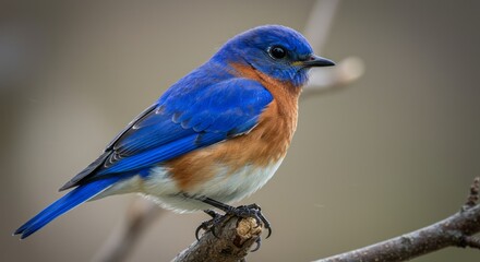 Obraz premium Eastern bluebird perched on branch, showing vibrant blue and orange plumage. A symbol of happiness and springtime in North America’s wildlife.