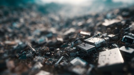 A pile of discarded electronic waste and broken computer components symbolizes pollution and technological obsolescence