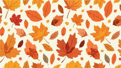 Vector design of A vibrant fall leaf pattern in a flat design style, featuring a variety of colorful leaves in shades of orange, yellow, red, and brown