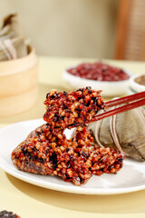 Blood sausage with glutinous rice and beans traditional Asian food with red bean paste