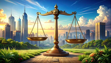 Justice Scales Cityscape Balance.