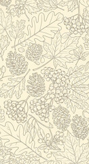Cream background with line drawings of autumn leaves, berries, and pine cones creating a nature-inspired seamless pattern ideal for fall-themed designs or wrapping paper
