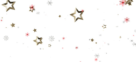 Holiday background with gold stars and red and silver snowflakes on a white backdrop. Perfect for Christmas and New Year projects, festive desig