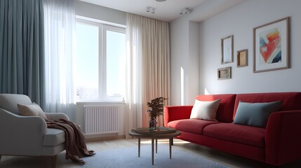 Fototapeta premium Realistic living room featuring curtain and sofa styling