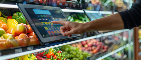 Close-up of a woman s hand interacting with a self-checkout touchscreen in a supermarket produce section, with colorful fruits visible.