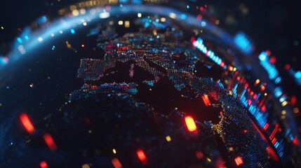 Detailed 3D Digital World Map with Colorful Data Visualizations for Global Connectivity and Technology Themes