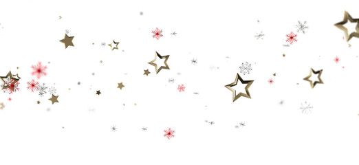 Festive background with gold stars and snowflakes on a bright white backdrop perfect for holidays and Christmas.